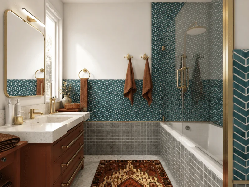 Craftsman-style bathroom with teal chevron tile, a dark wood vanity, brass fixtures, a glass-enclosed tub shower, and a patterned area rug.