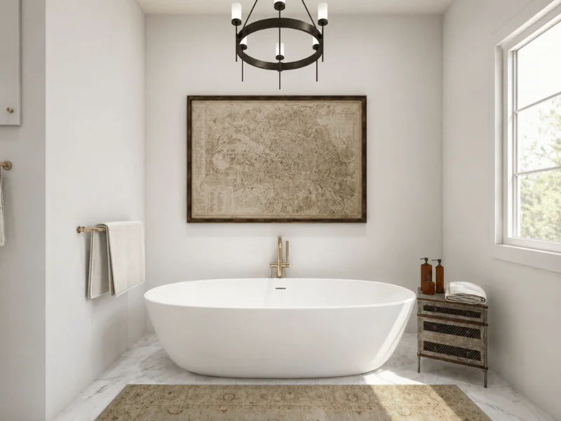 Bright craftsman-style bathroom with a white freestanding tub, brass floor-mounted faucet, black circular chandelier, vintage map artwork, and marble flooring.