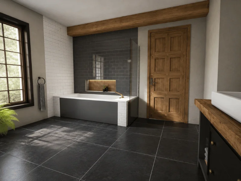 Craftsman-style bathroom with a built-in tub, dark charcoal tile, white subway tile, an exposed wood beam, a paneled wood door, and black stone flooring.