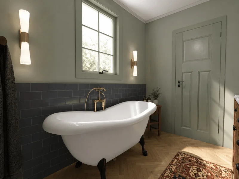 Craftsman-style bathroom featuring a white clawfoot tub, charcoal subway tile, sage green walls, brass fixtures, herringbone wood flooring, and a patterned rug.
