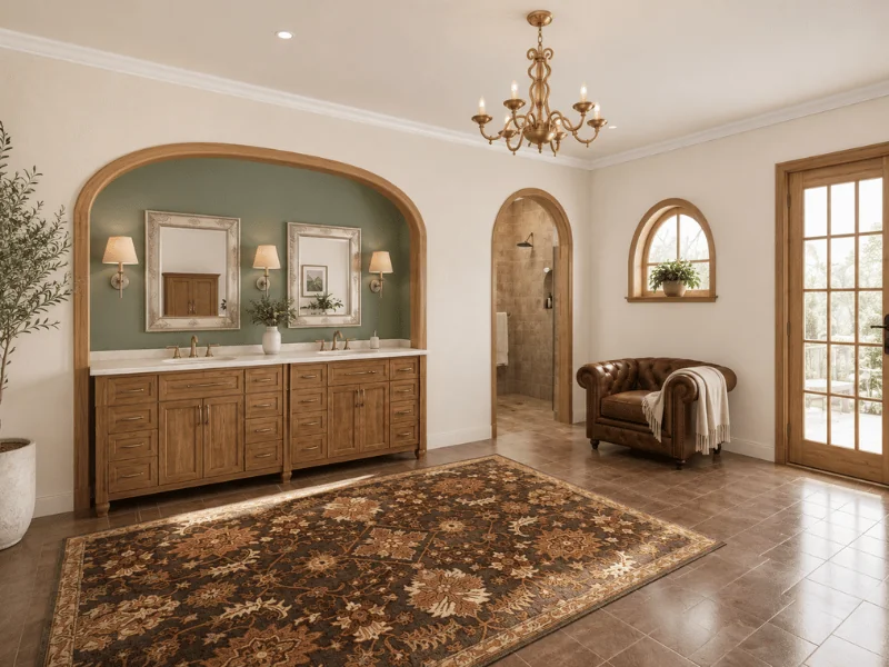 Spacious craftsman-style bathroom with an arched double vanity, natural wood cabinetry, sage green walls, brass lighting, a leather chair, and a patterned rug.