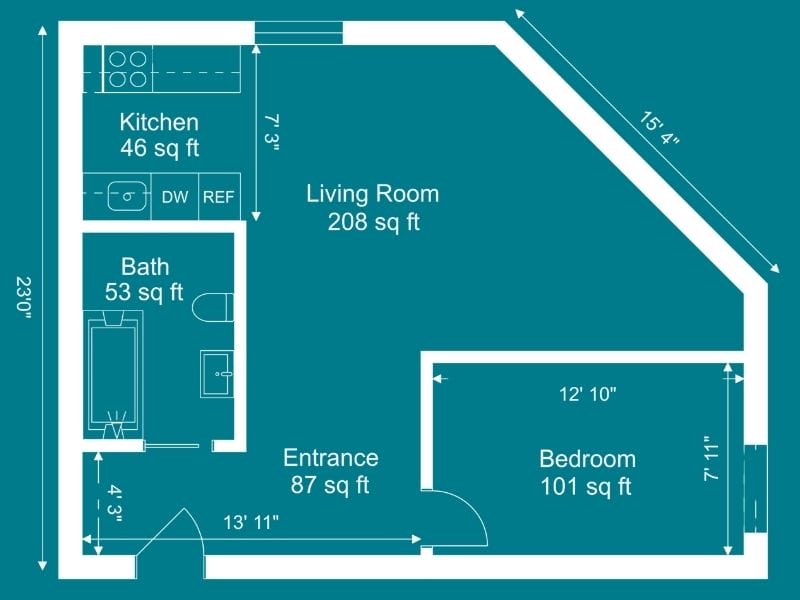 Floor plan of a one-bedroom apartment with labeled room sizes and dimensions. The layout includes a kitchen (46 sq ft) with stove, sink, dishwasher, and refrigerator, a bath (53 sq ft) with tub and toilet, an entrance area (87 sq ft), a living room (208 sq ft), and a bedroom (101 sq ft). Dimensions such as 23'0", 15'4", 13'11", and 12'10" are marked on walls. The background is teal with white outlines and text.