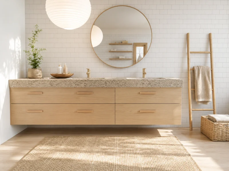 Bright boho-style bathroom with a floating light wood double vanity, round brass-framed mirror, white subway tile, woven rug, and natural accents.