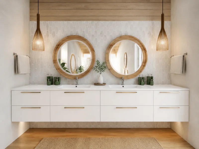 Warm boho-style bathroom with a floating white double vanity, round wood-framed mirrors, woven pendant lights, textured tile, and natural wood accents.