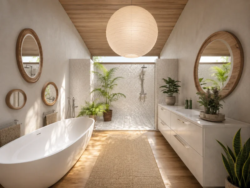 Spacious boho-style bathroom with a freestanding tub, open walk-in shower, round wood-framed mirrors, warm wood ceiling, woven rug, and lush greenery.