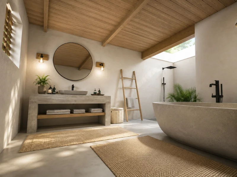 Earthy boho-style bathroom with a sculptural stone tub, open rain shower, concrete vanity, round mirror, wood-beamed ceiling, woven rugs, and greenery.