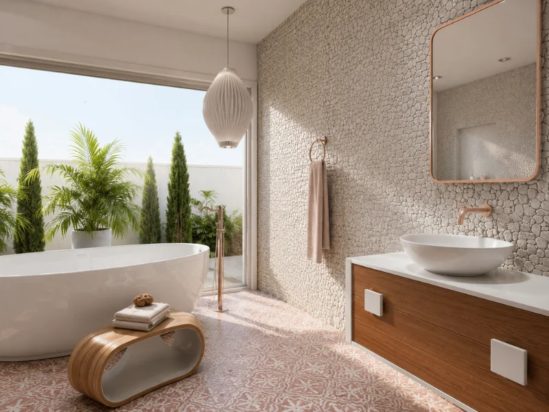 Bright boho-style bathroom with a freestanding tub, pebble tile feature wall, floating wood vanity, vessel sink, rose gold fixtures, and tropical greenery.