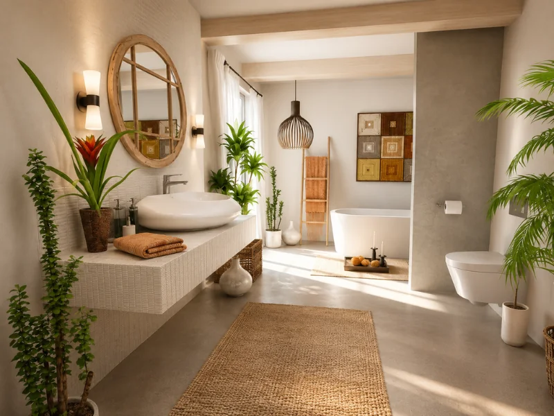 Warm boho-style bathroom with a vessel sink, freestanding tub, woven rug, natural wood accents, modern pendant lighting, and abundant tropical greenery.