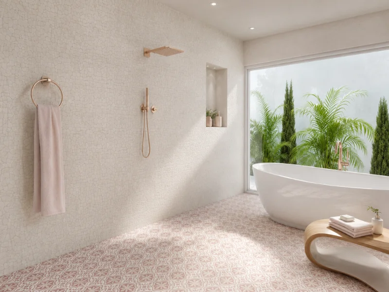 Airy boho-style bathroom with an open rain shower, freestanding white tub, rose gold fixtures, patterned pink floor tile, and lush outdoor greenery.