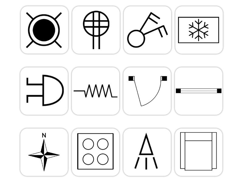 Image showing 12 common blueprint symbols arranged in a 3x4 grid. Symbols include a ceiling light, floor drain, electrical outlet, air conditioning unit, electrical plug, resistor, wall-mounted light, fluorescent light, compass rose indicating north, stove with four burners, architect’s triangle, and a window viewed from above. Each symbol is displayed inside a white rounded square on a light background.