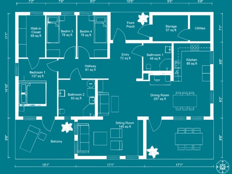 Floor plan of a multi-bedroom house with labeled rooms and measurements in square feet. The layout includes a front porch, entry (72 sq ft), sitting room (145 sq ft), dining room (257 sq ft), kitchen (85 sq ft), and two bathrooms. There are four bedrooms: Bedroom 1 (137 sq ft) with a walk-in closet, Bedroom 3 and Bedroom 4 (each 78 sq ft), and additional utility and storage rooms. A hallway (61 sq ft) connects the bedrooms and bathrooms. The house also features a balcony furnished with lounge chairs. Room dimensions and exterior wall measurements are marked in feet and inches.