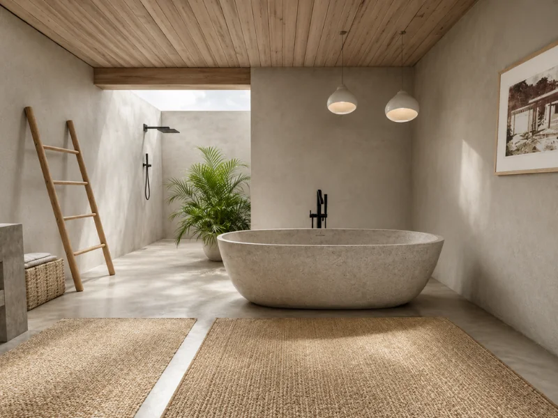 Earthy boho-style bathroom with a sculptural stone tub, open rain shower, wood-paneled ceiling, black fixtures, woven rugs, and tropical greenery.