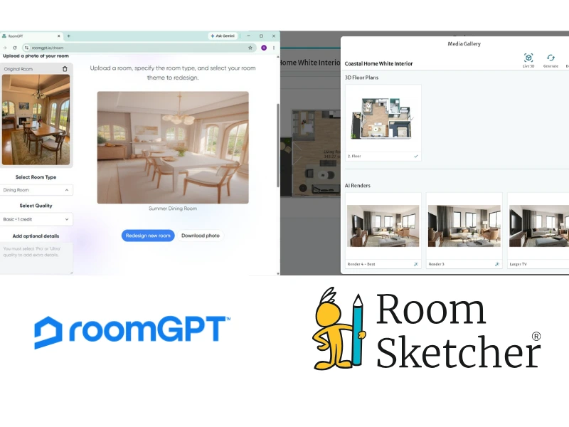 RoomGPT vs RoomSketcher. The image shows a comparison between the two software user interfaces. On the left side is the user face of RoomGPT. Below the screenshot of the user interface is the RoomGPT logo. On the right side is a screenshot of the RoomSketcher user interface. Below the screenshot is the RoomSketcher logo.