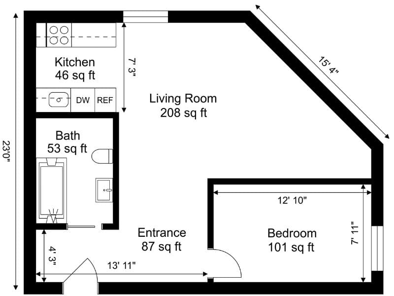Black and white floor plan of a compact apartment. The layout includes a kitchen (46 sq ft) with stove, dishwasher (DW), and refrigerator (REF), a bathroom (53 sq ft) with a bathtub and toilet, a bedroom (101 sq ft) with dimensions 12'10" by 7'11", an entrance area (87 sq ft), and a spacious living room (208 sq ft) with an angled wall measuring 15'4". Total apartment height is 23'0". Dimensions and room sizes are clearly labeled in feet and square feet.