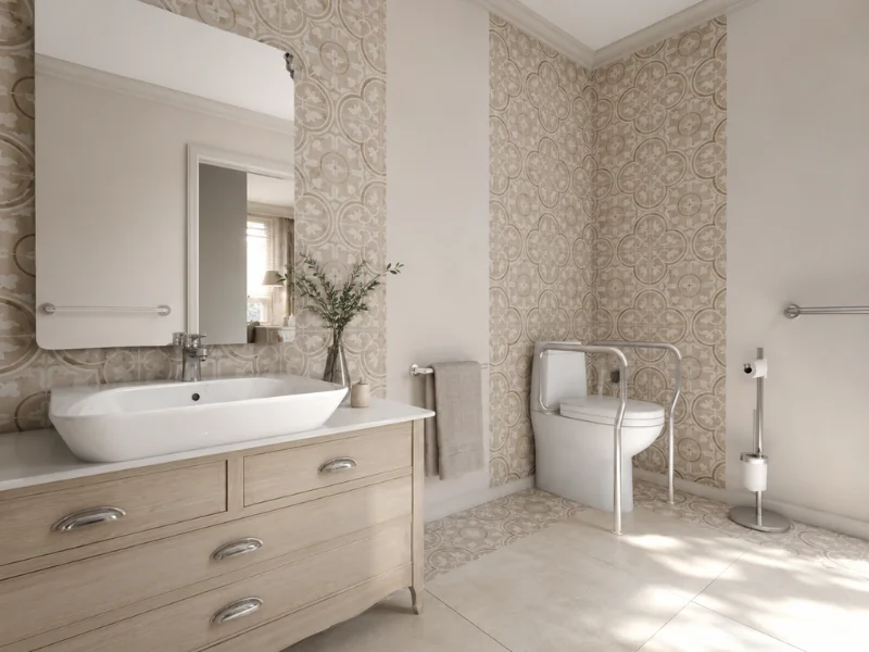Accessible bathroom featuring a vessel sink, light wood vanity, toilet support rails, open floor space, and neutral patterned tile.