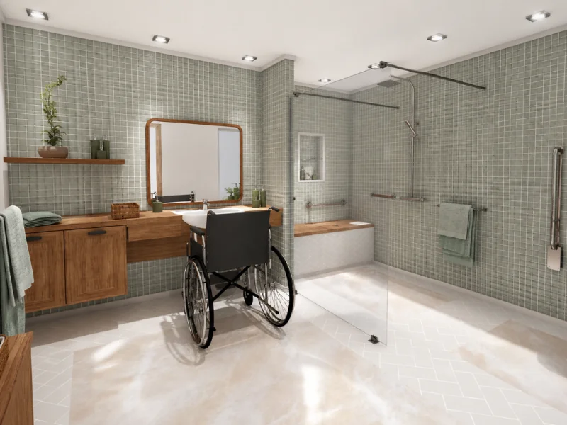 Wheelchair-accessible bathroom with a lowered vanity, open knee space, roll-in shower, built-in bench, grab bars, and spacious floor clearance.