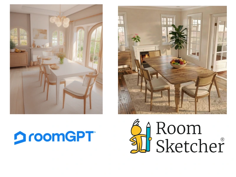 RoomGPT vs RoomSketcher. The image compares the two software ai render abilities. On the left side of the image there is the AI render made with RoomGPT. Below the image there is the RoomGPT logo. On the right side of the image there is the AI Render made with RoomSketcher. Below the image is the RoomSketcher logo.
