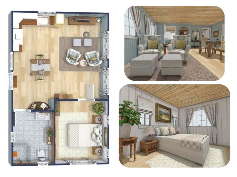 Image showing a top-down 3D-rendered floor plan of a one-bedroom cottage-style home, alongside two interior perspective views. The floor plan includes a bedroom, bathroom, kitchen, dining area, and a cozy living room with two armchairs and a TV. The top right image shows the living and dining area with plaid armchairs, ottomans, and wood furniture under a wood-paneled ceiling.