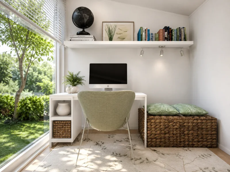 Bright home office with a white desk, green chair, wall shelf, woven storage bench, and large window overlooking a garden.