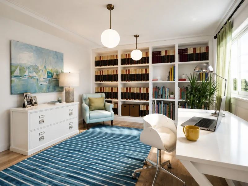 Spacious home office with built-in bookshelves, a white desk, blue striped rug, reading chair, and large windows.