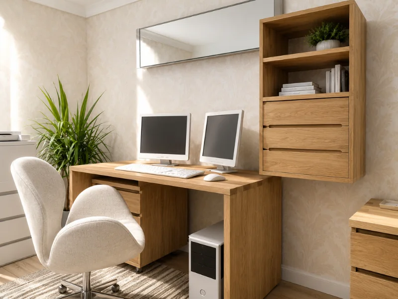 Compact home office with a wooden desk, dual monitors, upholstered chair, wall-mounted storage, and indoor plant.