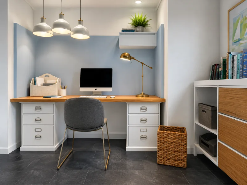 Modern home office with a long wooden desk, white filing drawers, blue accent wall, pendant lights, and desktop computer.