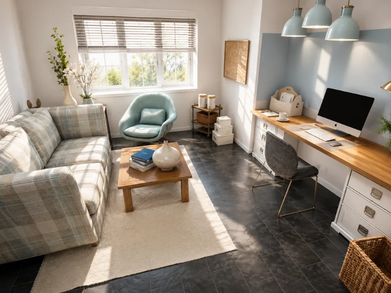 Bright multipurpose room with a home office desk, plaid sofa, blue armchair, coffee table, and large window.