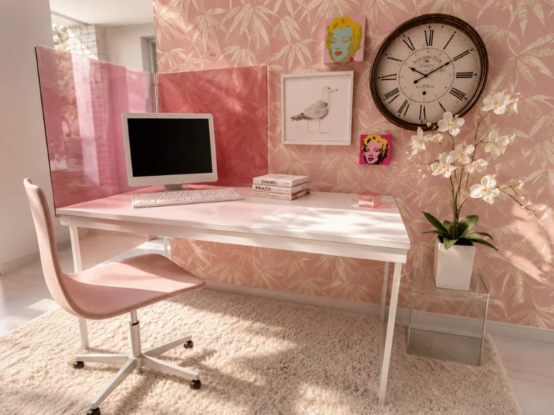Pink home office with a white desk, pink chair, floral wallpaper, decorative artwork, wall clock, and orchid.