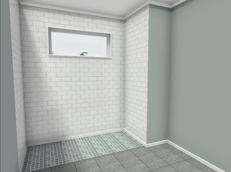 3D-rendered shower area designed for senior accessibility, featuring non-slip mosaic tiles on the shower floor and large-format tiles in the rest of the bathroom. The shower walls are covered in white subway tiles, and the space includes a horizontal window for natural light. The materials prioritize safety and ease of maintenance.