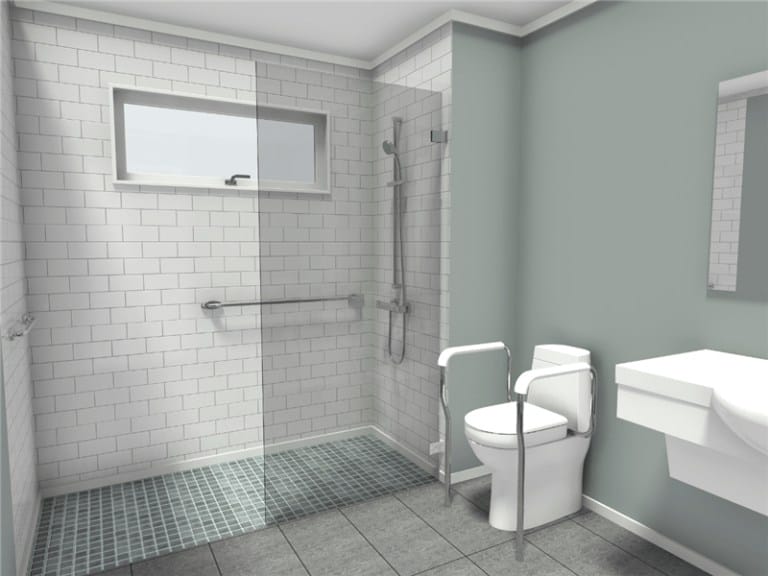 3D-rendered accessible bathroom featuring a walk-in shower with grab bars and a handheld showerhead, a toilet with support rails, and a wall-mounted sink with open space below. The design uses non-slip tiles and provides clear floor space for easy wheelchair access.