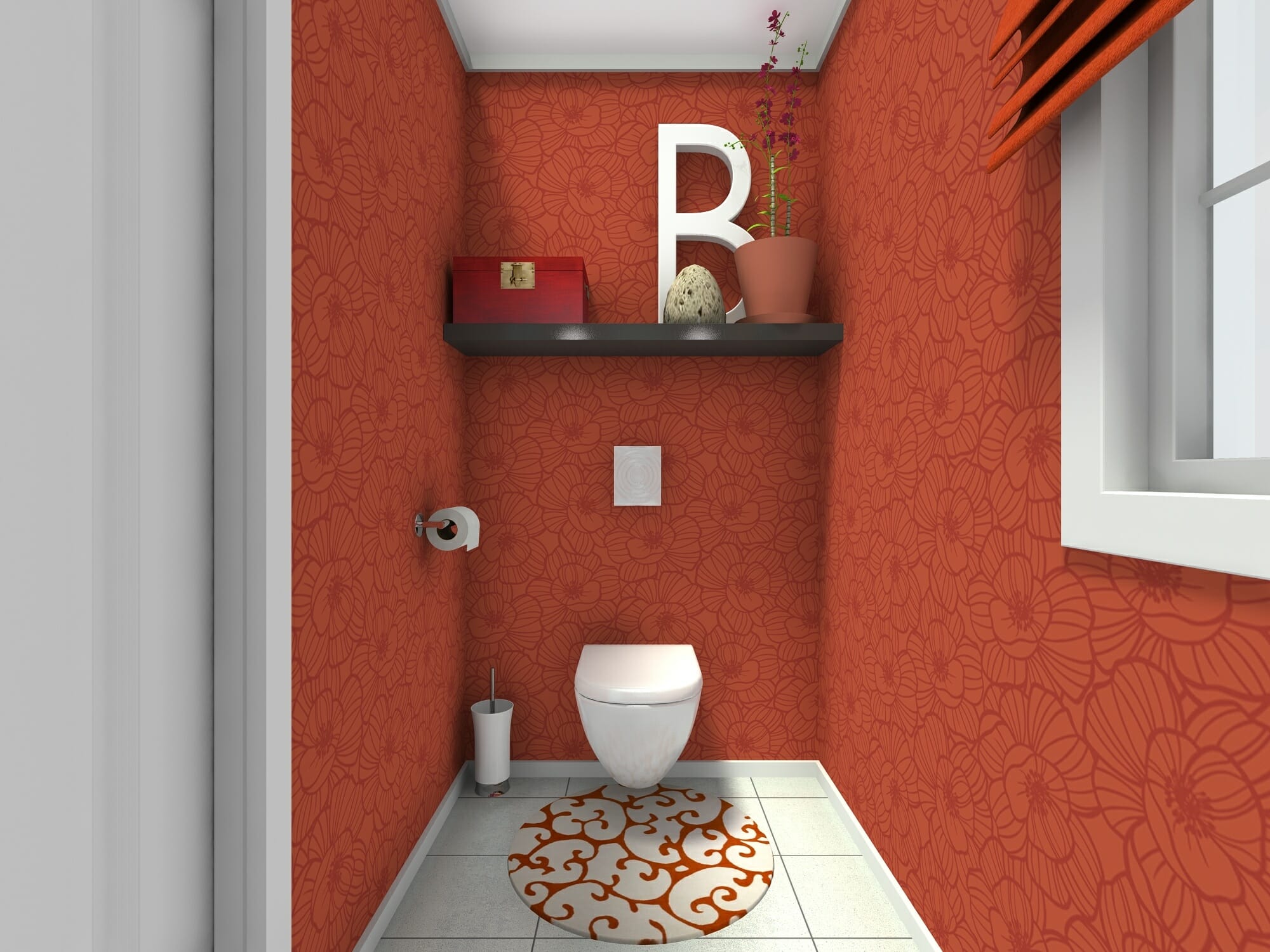 Wall hung toilet in a narrow bathroom.
