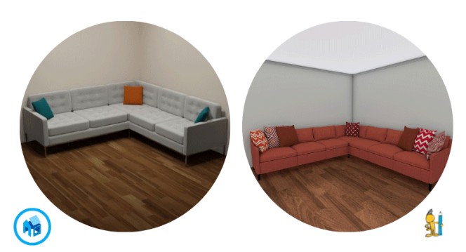 Comparison of interior 3D renders in Floorplanner (left) and RoomSketcher (right). The Floorplanner image shows a gray sectional sofa with colored cushions in a minimally lit room. The RoomSketcher image features a more detailed render with a rust-colored sectional sofa, patterned pillows, and improved lighting and shading for a more realistic look.