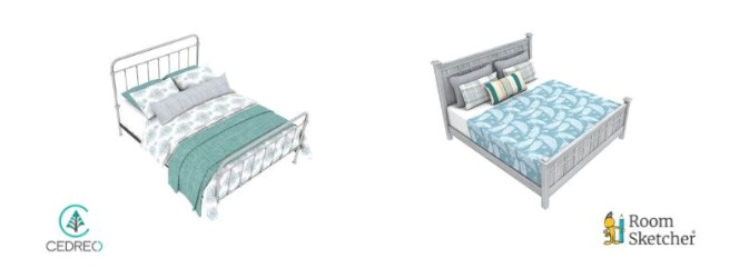 Comparison of a bed in Cedreo (left) and RoomSketcher (right). The Cedreo bed features a metal frame with layered bedding in white and teal tones, shown with a soft, bright render. The RoomSketcher bed has a more detailed wooden frame and patterned bedding in shades of blue, with accent pillows.