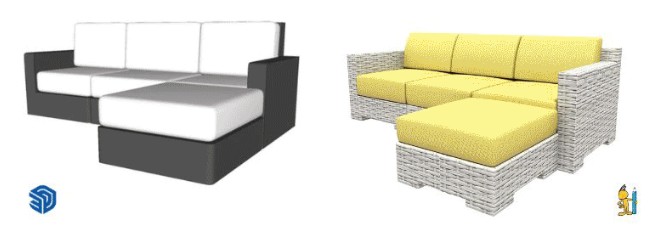 Comparison of a 3D sofa model in SketchUp (left) and RoomSketcher (right). The SketchUp model has a basic, blocky design in grayscale, while the RoomSketcher model is more detailed and realistic, featuring wicker texture and yellow cushions.