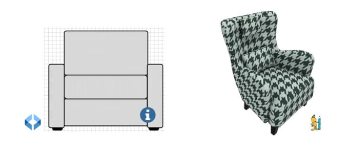 Comparison of a chair in SmartDraw (left) and RoomSketcher (right). The SmartDraw version shows a simple, flat 2D front view of an armchair in gray with minimal detail. The RoomSketcher version displays a realistic 3D armchair with a bold houndstooth pattern and curved design.