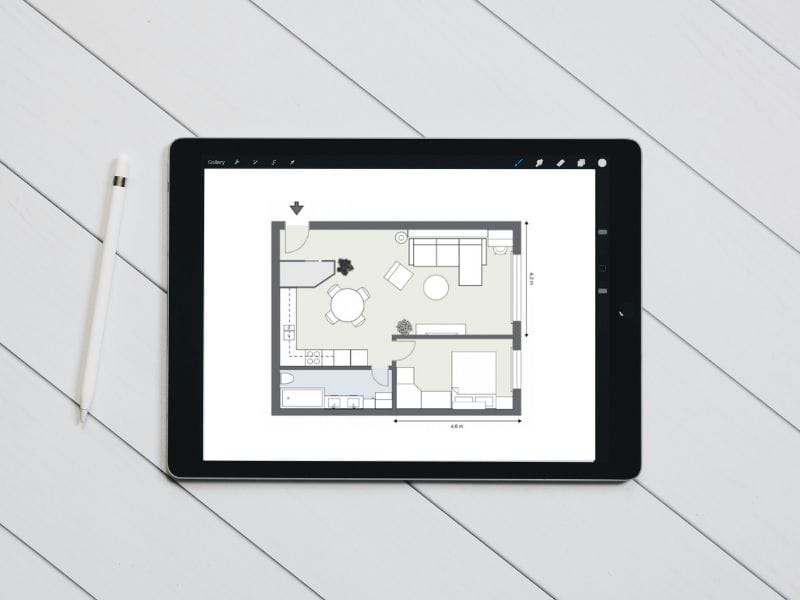 2D floor plan with measurements displayed on a tablet