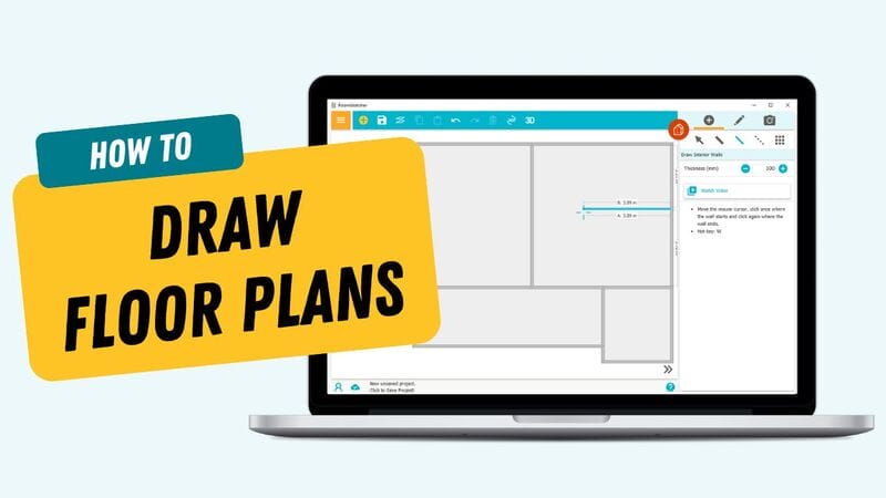 Youtube thumbnail of a computer in the RoomSketcher app drawing floor plans