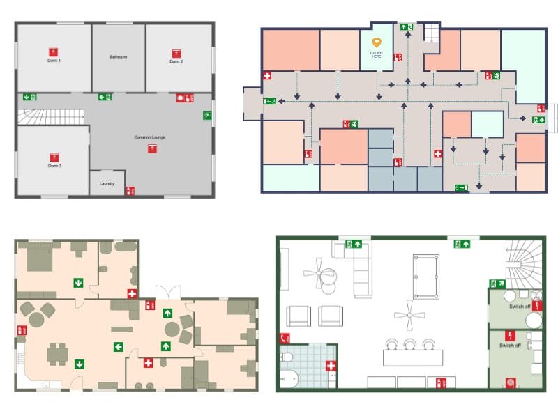 Evacuation plans for dorm, building, home, and basement