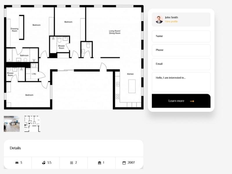 Real estate listing page with Matterport 3D tour and 2D black and white floor plan