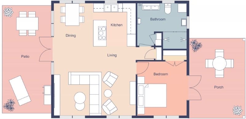 2D floor plan of a one-bedroom home with kitchen, dining and living area, bathroom, bedroom, front porch, and rear patio.