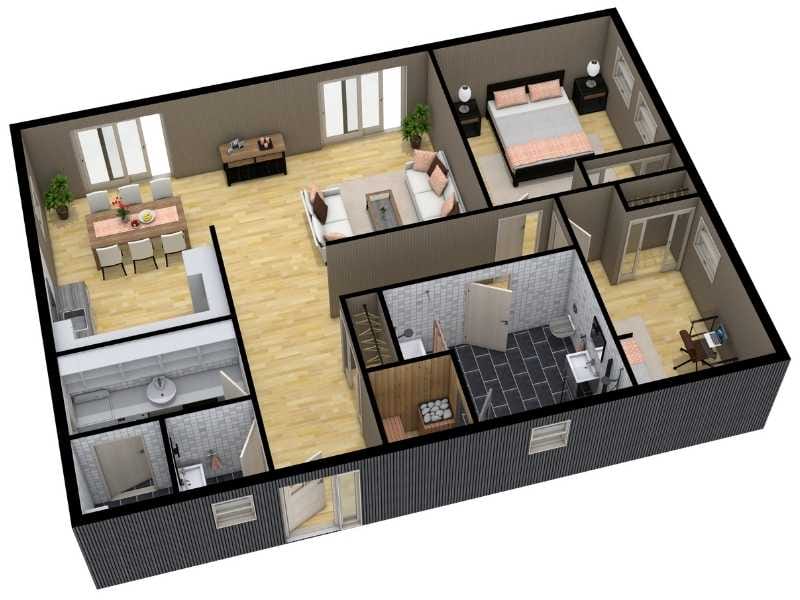 Furnished 3D floor plan showing open-concept kitchen, dining area, spacious living room, and multiple bedrooms.