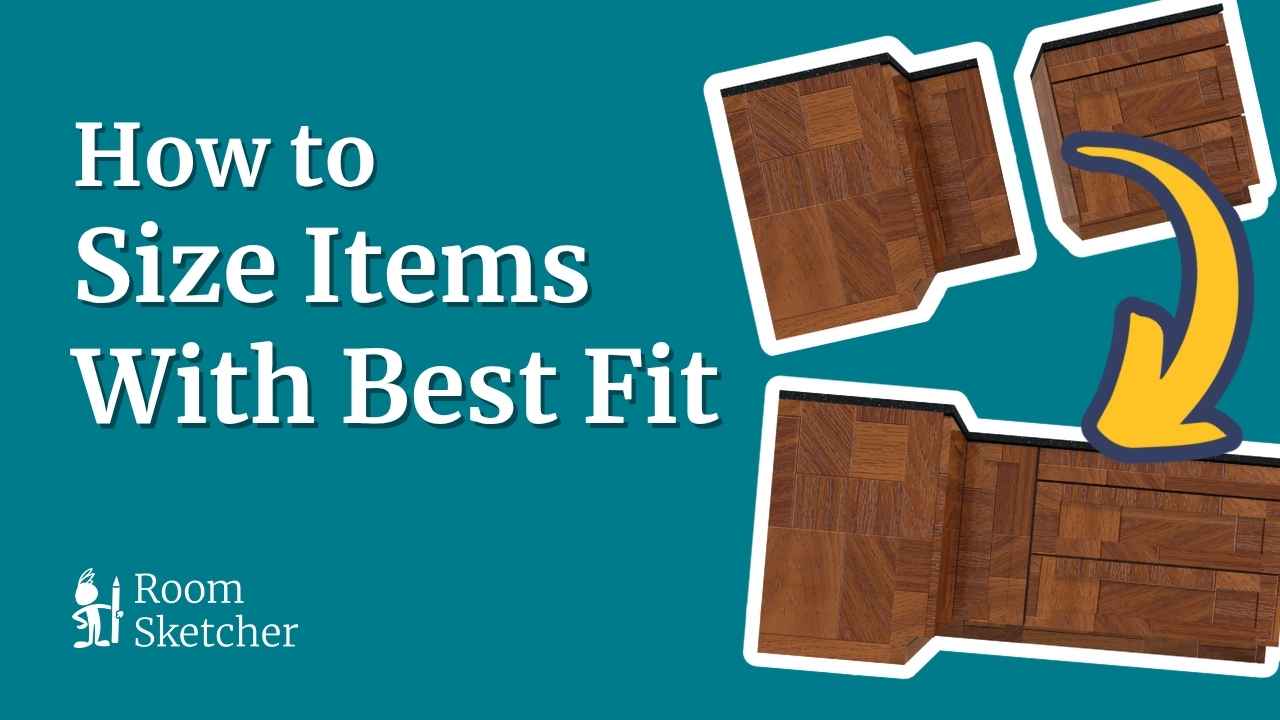 How to Size Items With Best Fit appears in bold white text on a teal background. On the right side, a yellow and navy arrow points to a series of brown wood flooring layouts shown in various shapes and dimensions, suggesting different item sizes or arrangements. The RoomSketcher logo is positioned at the bottom left, featuring a small house and drawing tool icon. The overall layout emphasizes a tutorial or guide for automatically resizing objects to fit interior spaces accurately.