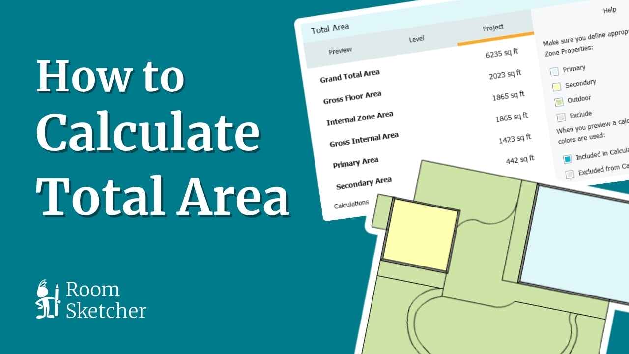 How to Calculate Total Area is written in bold white text on a teal background. On the right, a calculation panel displays various area metrics such as Grand Total Area, Gross Floor Area, and Primary Area, each with corresponding square footage. Below it, a color-coded floor plan shows different zones labeled as primary, secondary, and excluded. The RoomSketcher logo appears in the bottom left, featuring a sketching tool and small house icon. The layout emphasizes a tutorial aimed at helping users measure and categorize areas within a project.