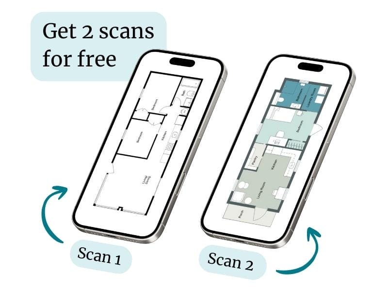 The graphic shows two iPhones side by side, each displaying a different style of floor plan — one in a simple black-and-white layout, the other in a detailed, color-coded version with room labels. Above the phones, a bold callout reads “Get 2 scans for free,” and arrows labeled “Scan 1” and “Scan 2” point to each phone. This visual is part of the pricing section, illustrating that beta testers of the floor plan scanning app receive their first two scans at no cost.