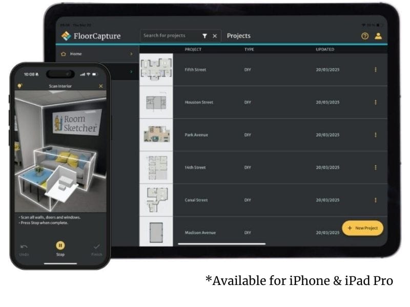 A smartphone and tablet display a floor plan app in action. On the phone, a room is being scanned using augmented reality, with digital outlines tracing the walls, furniture, and other features to capture accurate measurements. The tablet shows the app’s project dashboard, labeled “FloorCapture,” where multiple floor plans are organized with thumbnail previews, project names, last updated dates, and a prominent button to create a new project, making it easy to manage and launch floor planning tasks.