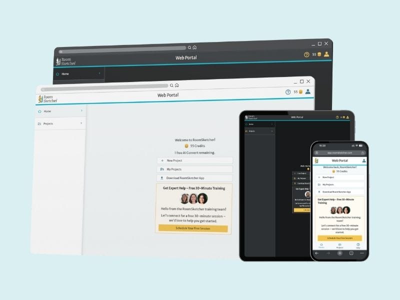 An image of RoomSketcher's new online interface, named Web Portal, shown in both light and dark modes.