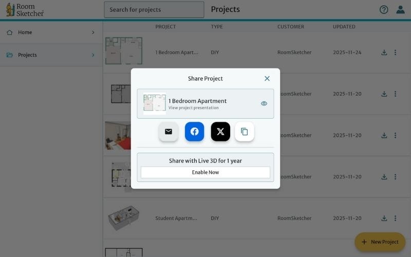 An image of the RoomSketcher Web Portal sharing page in light theme on desktop.