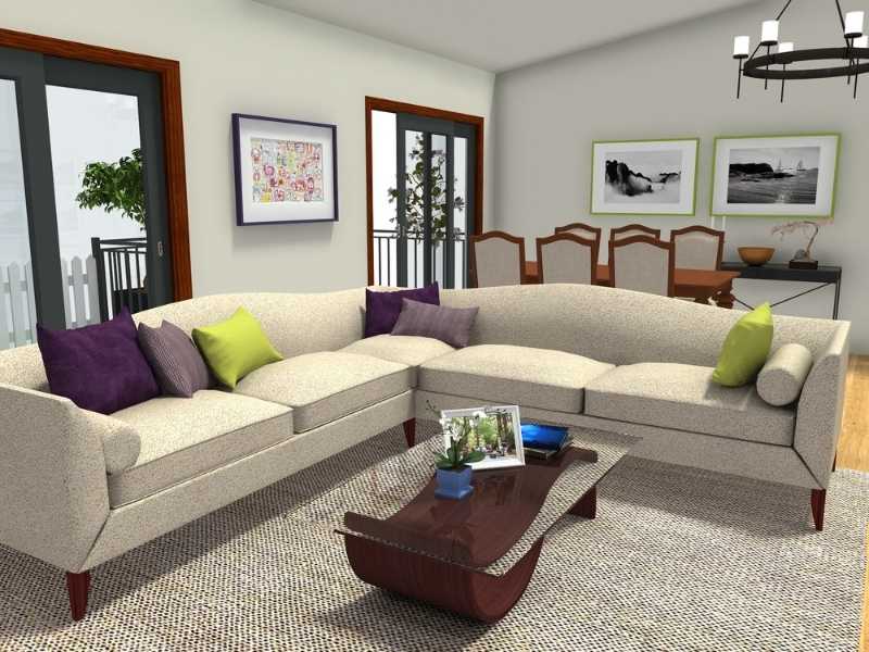 A 3D Photo generated in RoomSketcher showing off a product update with new sofas, dining sets, and customizable picture frames.