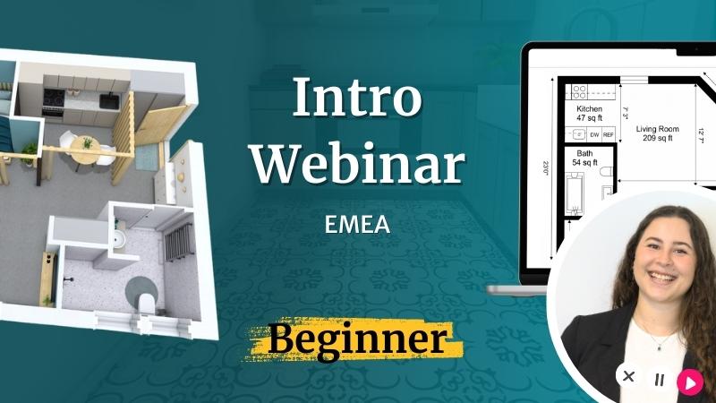 Promotional graphic for an Intro Webinar for EMEA beginners, showing a 3D floor plan, a 2D floor plan on screen, and a webinar host portrait.