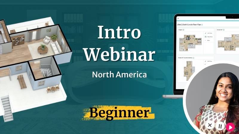 Promotional graphic for an Intro Webinar for North America beginners, showing a 3D floor plan, the RoomSketcher app on screen, and a webinar host portrait.